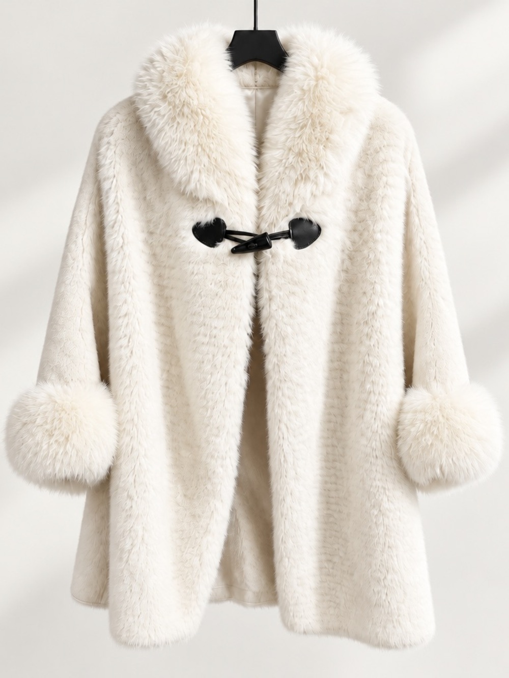 Luxury Faux Fur Cream Coat with Pom Cuffs